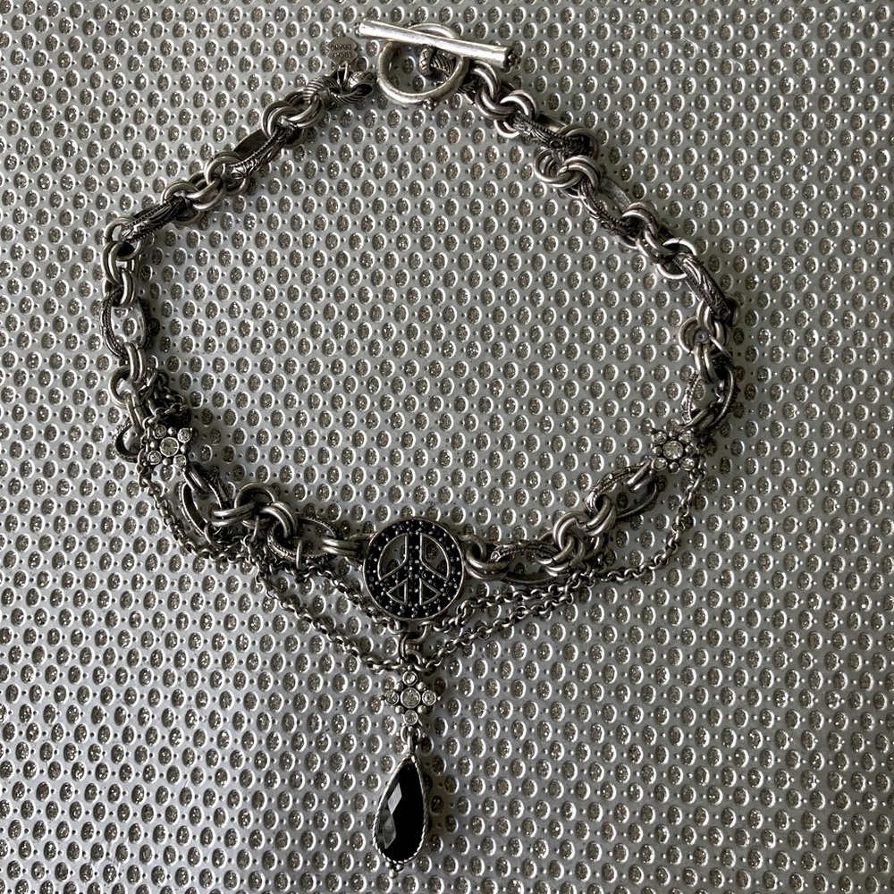 Lucky Brand Necklace BoHo Bllk Onyx Crystal Peace Sign Toggle Clasp Silver Chain